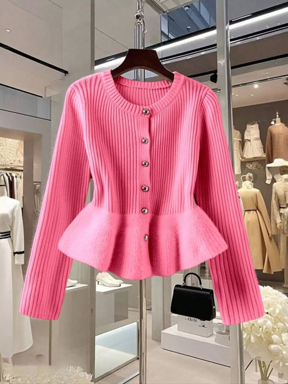 Pink Casual Women's Button Front Round Neck Rib-Knit Flared Short Jacket
